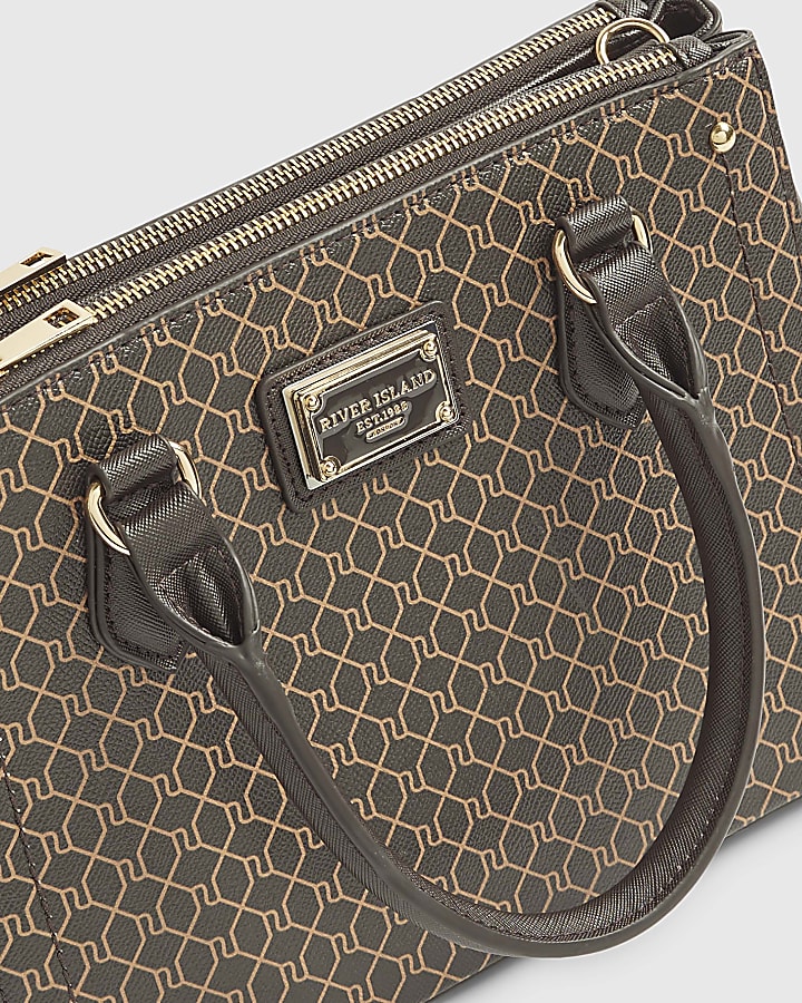 Brown RI Monogram Print Tote Bag