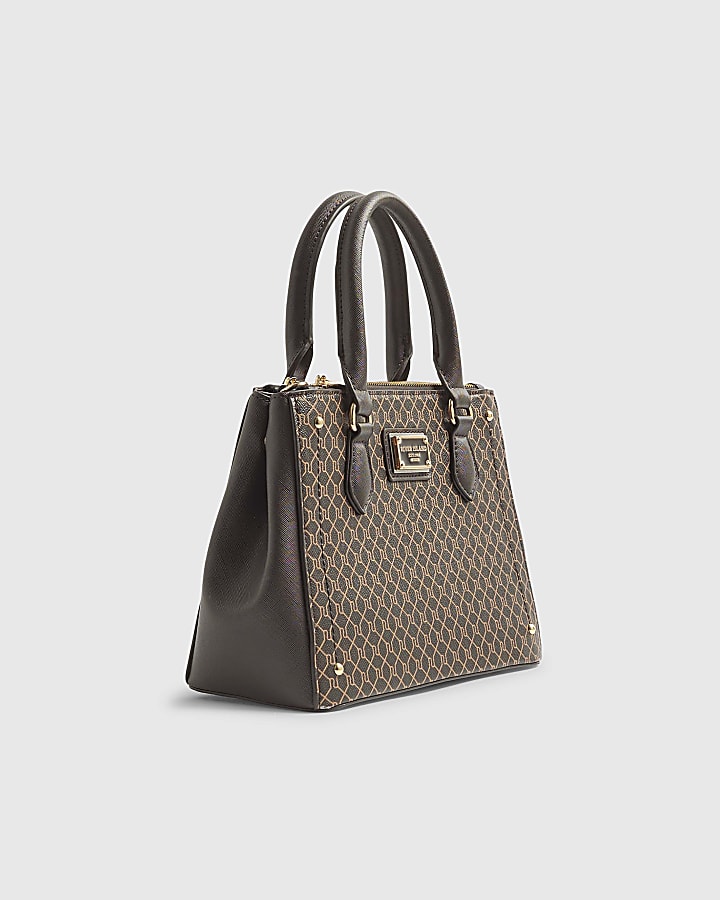 Brown RI Monogram Print Tote Bag