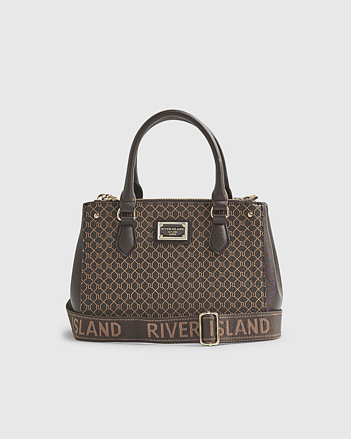 Brown RI Monogram Print Tote Bag