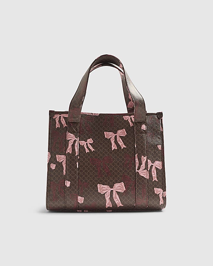 Brown Monogram Print Bow Tote Bag