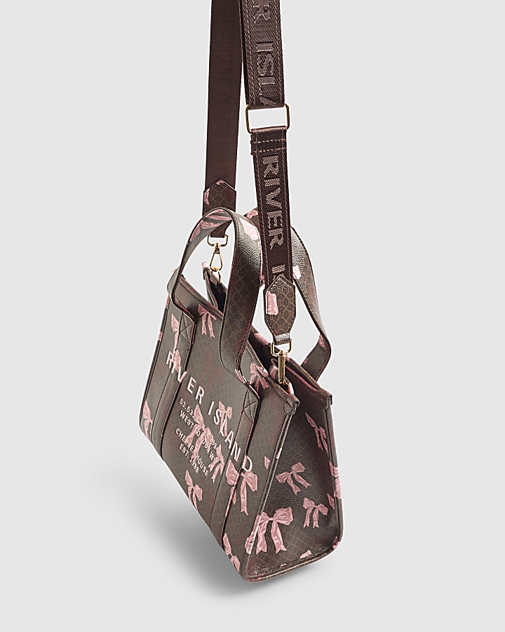Brown Monogram Print Bow Tote Bag