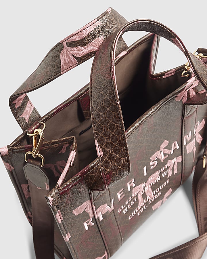Brown Monogram Print Bow Tote Bag