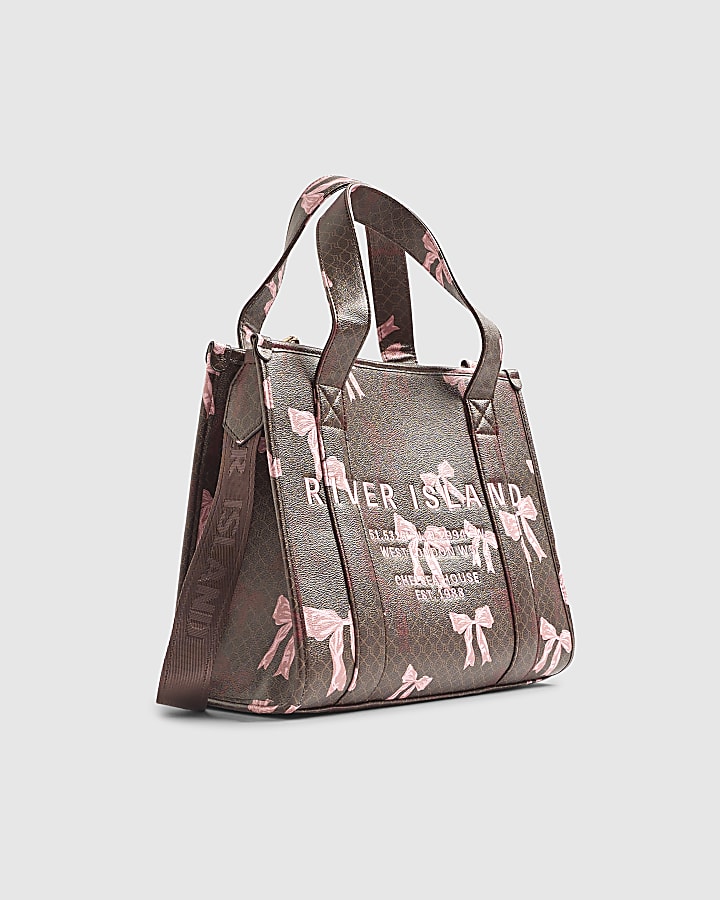 Brown Monogram Print Bow Tote Bag