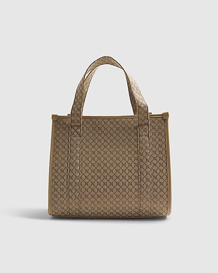 Beige Diamante Embroidered Monogram Tote Bag