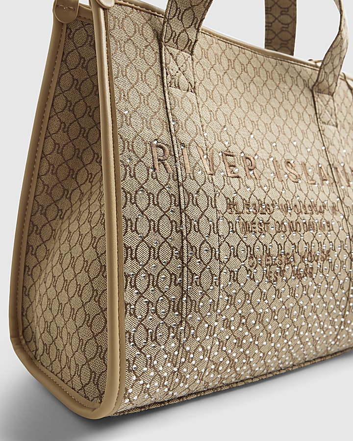 Beige Diamante Embroidered Monogram Tote Bag