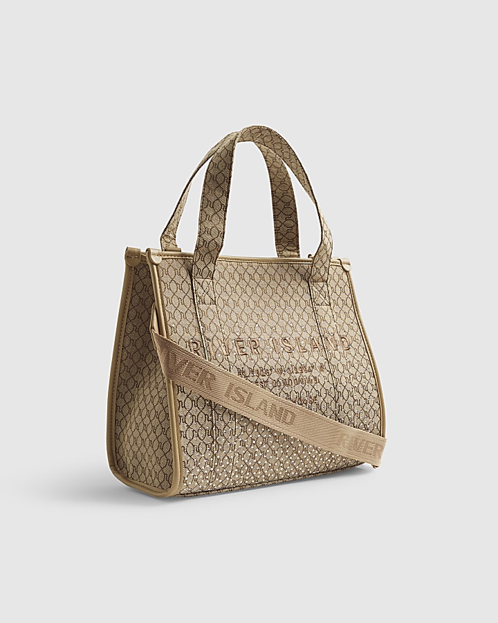 Beige Diamante Embroidered Monogram Tote Bag