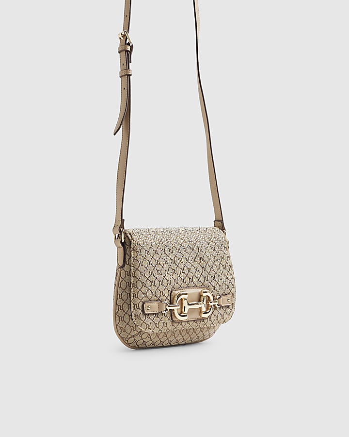 Beige Monogram Snaffle Cross Body Saddle Bag