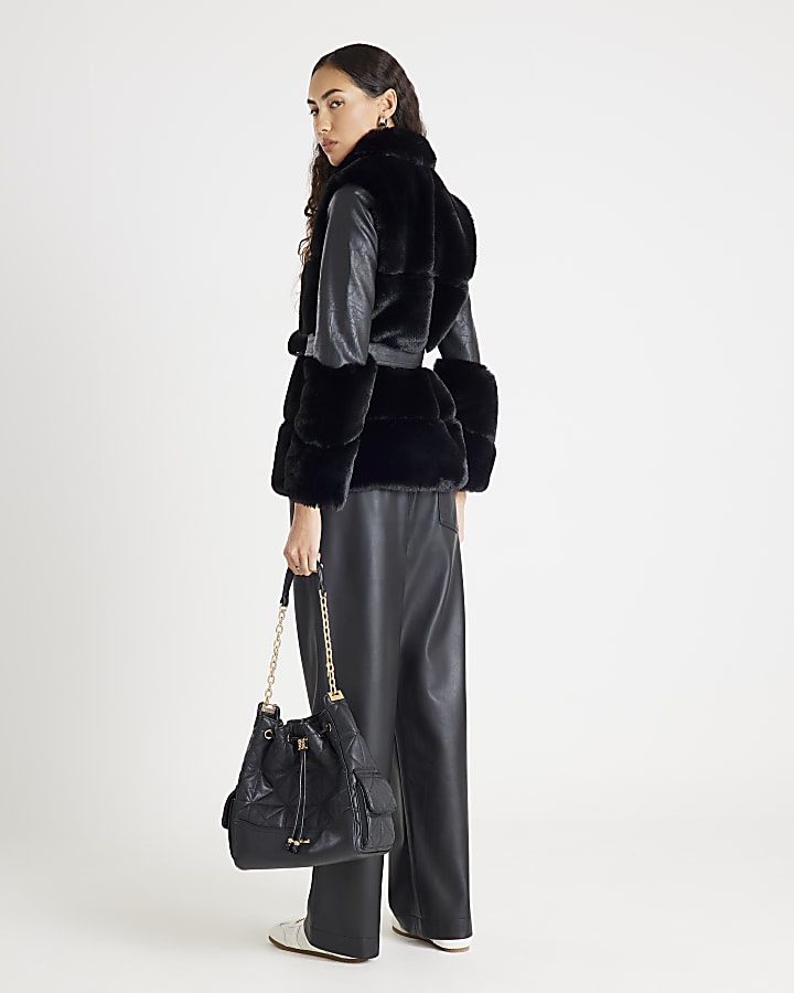 Black Faux Fur Panelled Biker Jacket
