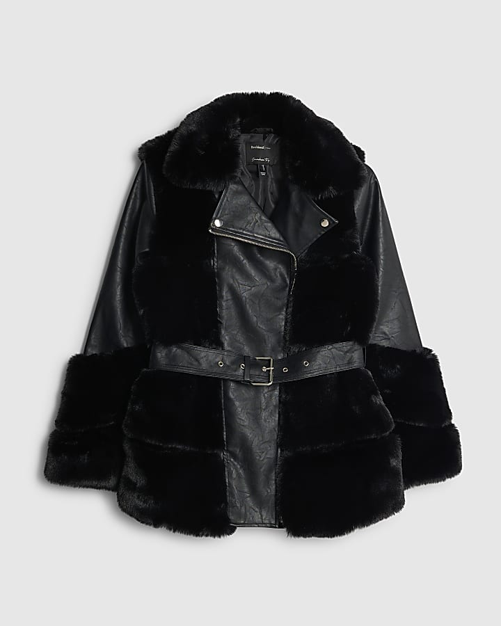 Black Faux Fur Panelled Biker Jacket