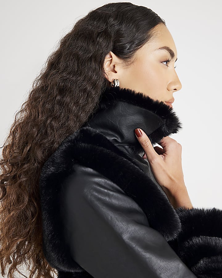 Black Faux Fur Panelled Biker Jacket