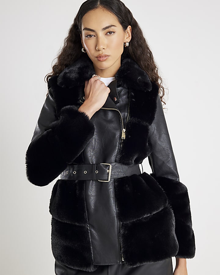 Black Faux Fur Panelled Biker Jacket