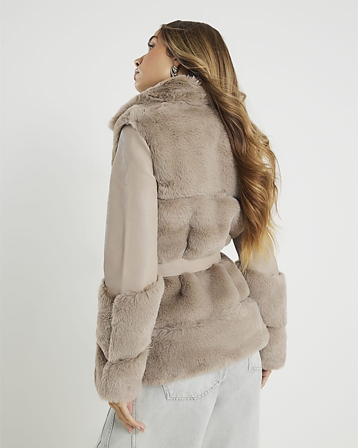 Stone Faux Fur Panelled Biker Jacket