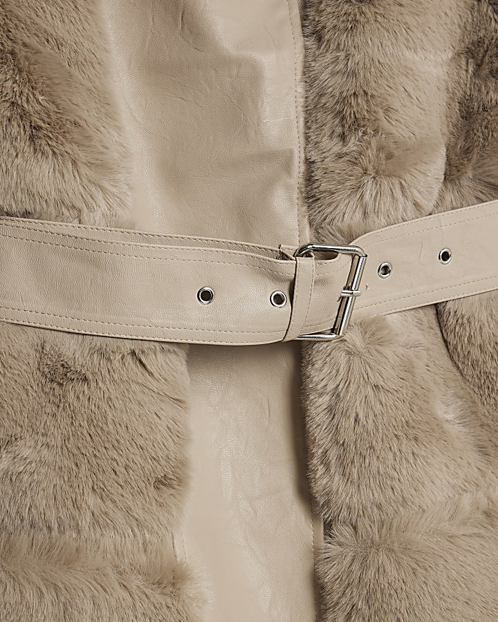 Beige Faux Fur Panelled Biker Jacket