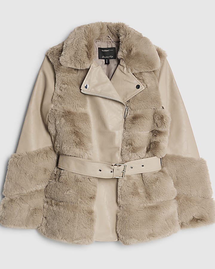 Beige Faux Fur Panelled Biker Jacket