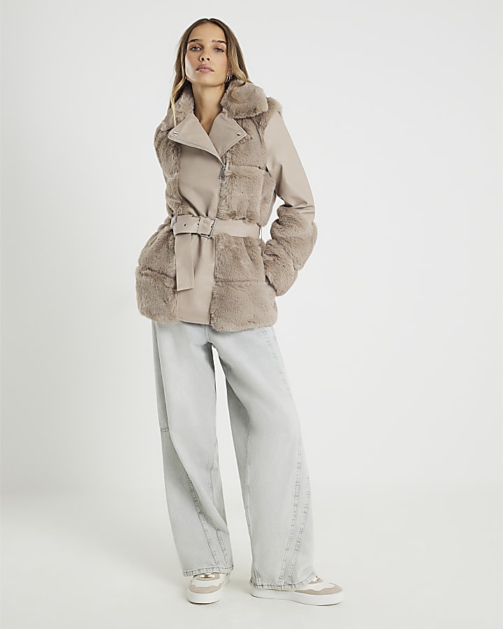 Stone Faux Fur Panelled Biker Jacket