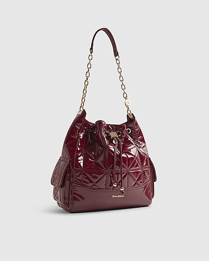 Red Quilted Chain Handle Slouch Bag