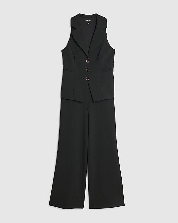 Petite Black Sleeveless Ruched Waist Jumpsuit