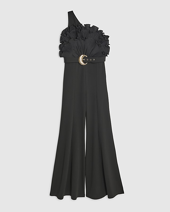 Petite Black One Shoulder Belted Jumpsuit