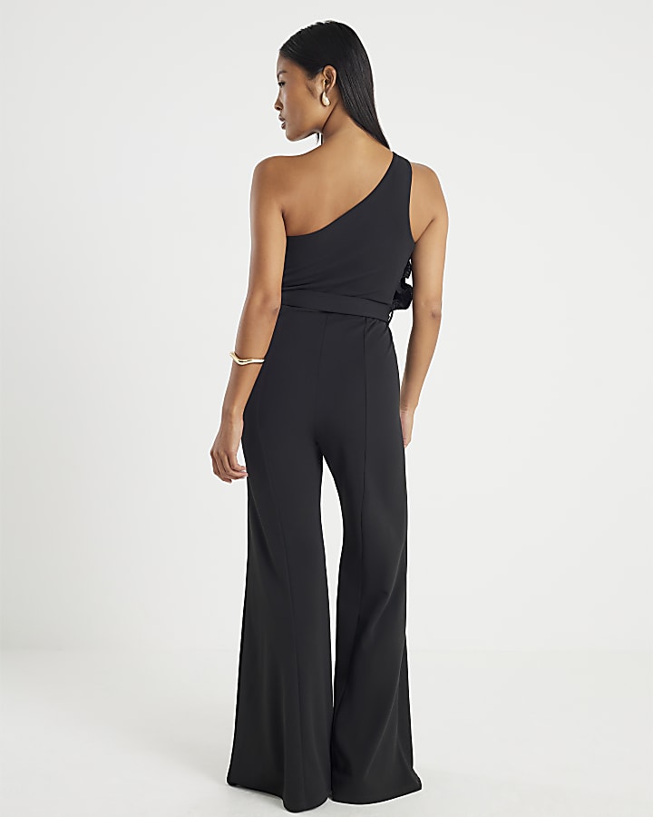 Petite Black One Shoulder Belted Jumpsuit
