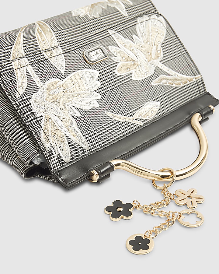 Black Floral Applique Metal Handle Tote Bag