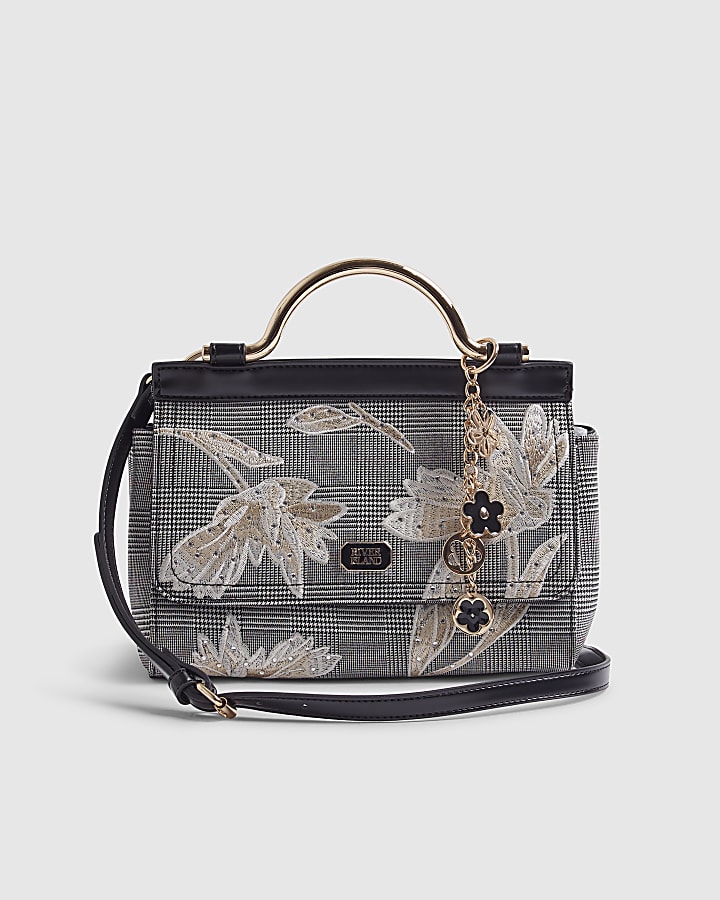 Black Floral Applique Metal Handle Tote Bag