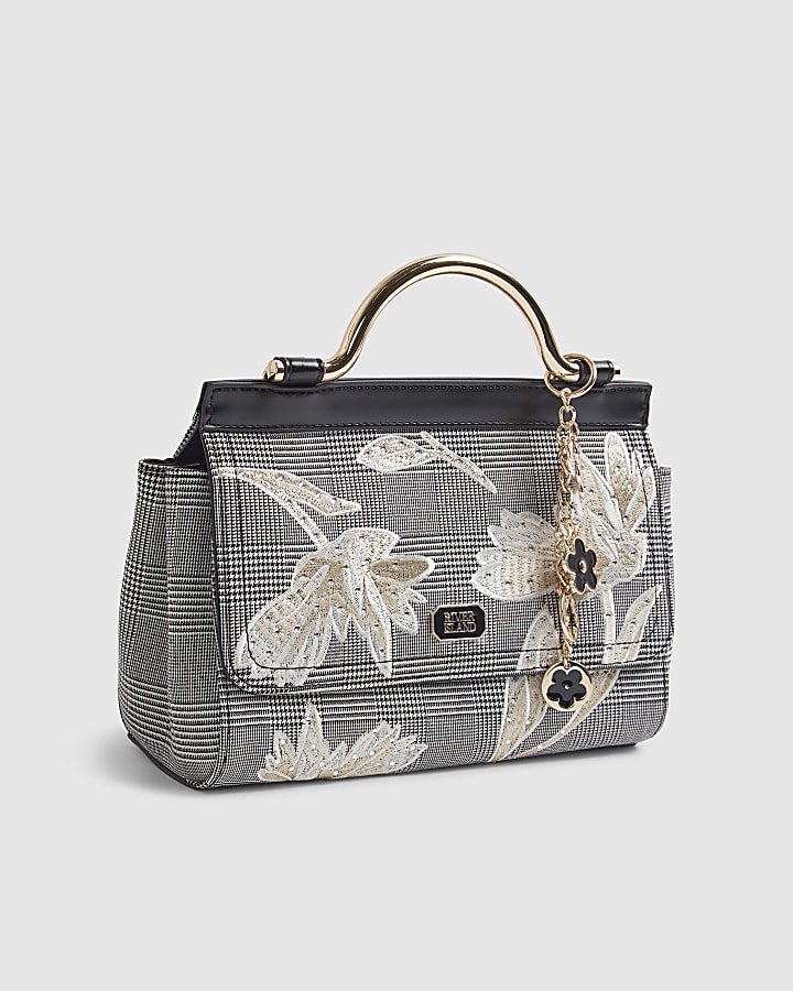Black Floral Applique Metal Handle Tote Bag