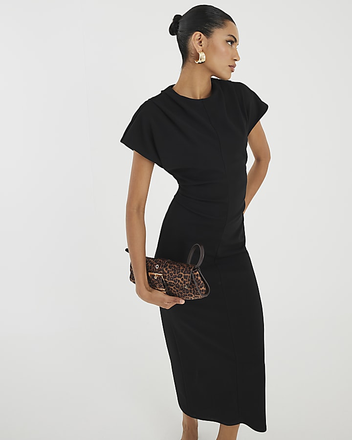 Black Short Sleeve Side Drape Midi Dress
