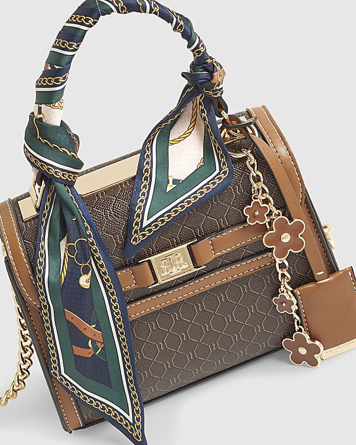 Brown Scarf Detail Monogram Print Tote Bag