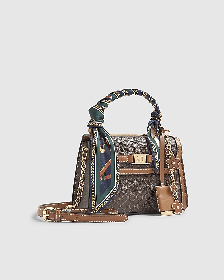Brown Scarf Detail Monogram Print Tote Bag