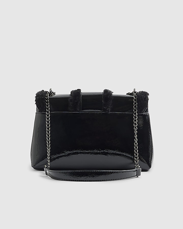 Black Faux Fur Trimmed Shoulder Bag