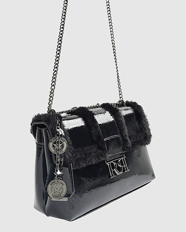 Black Faux Fur Trimmed Shoulder Bag