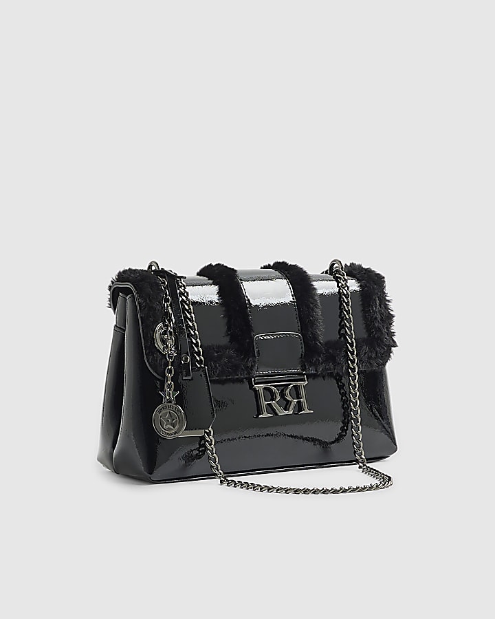 Black Faux Fur Trimmed Shoulder Bag