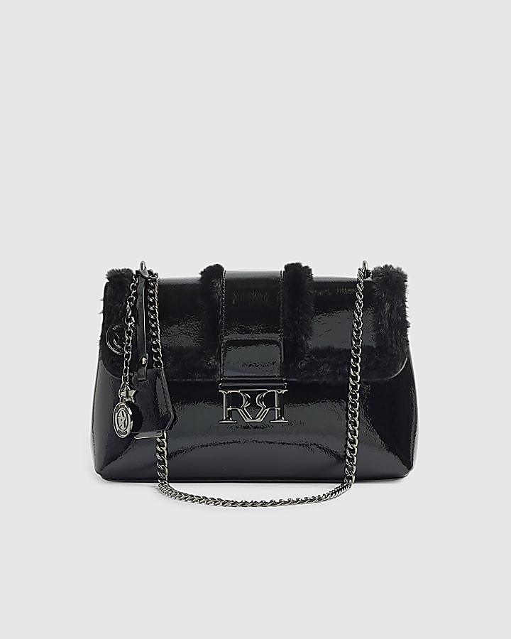 Black Faux Fur Trimmed Shoulder Bag