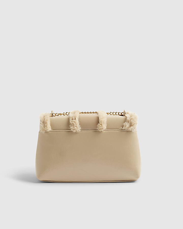 Beige Faux Fur Trimmed Shoulder Bag