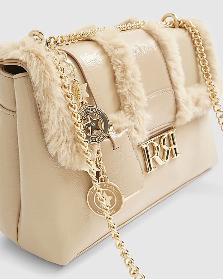 Beige Faux Fur Trimmed Shoulder Bag