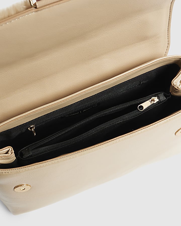 Beige Faux Fur Trimmed Shoulder Bag