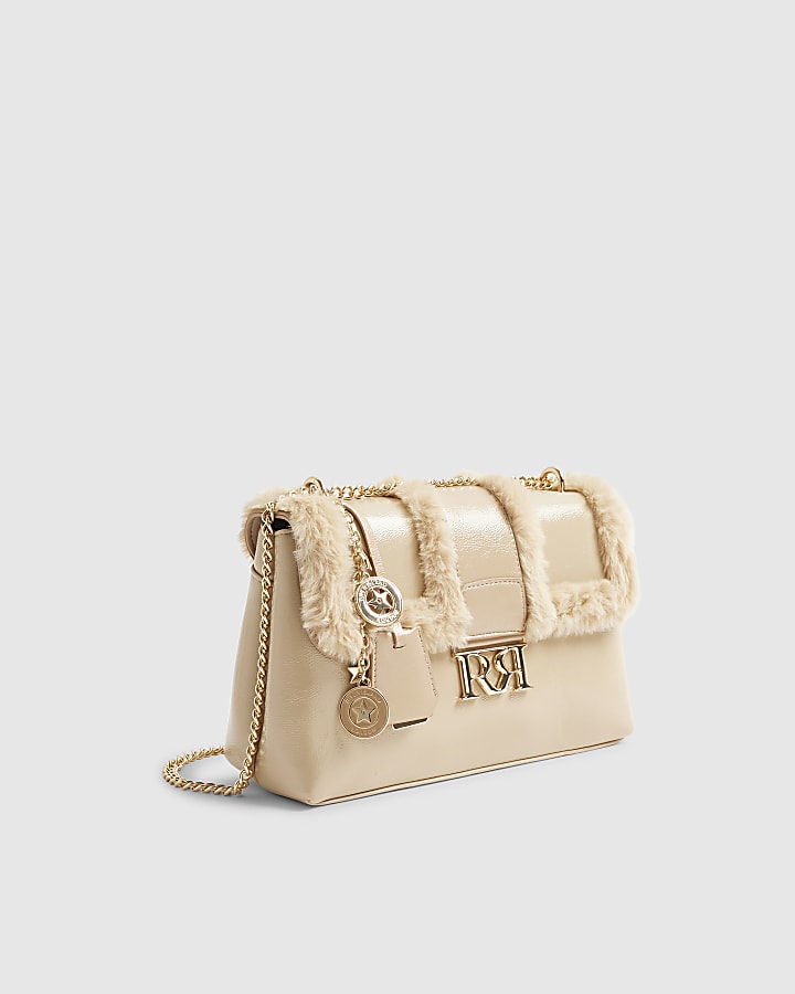 Beige Faux Fur Trimmed Shoulder Bag