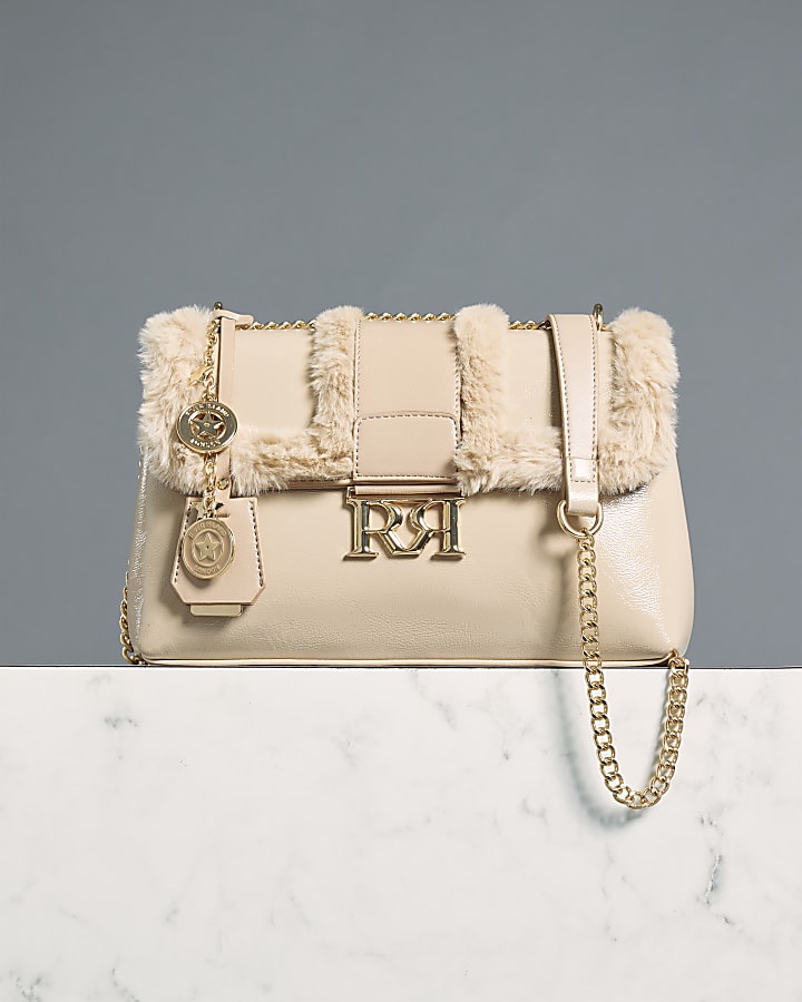 Beige Faux Fur Trimmed Shoulder Bag