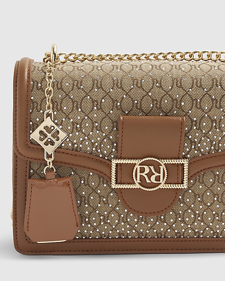 Beige Diamante Panelled Shoulder Bag