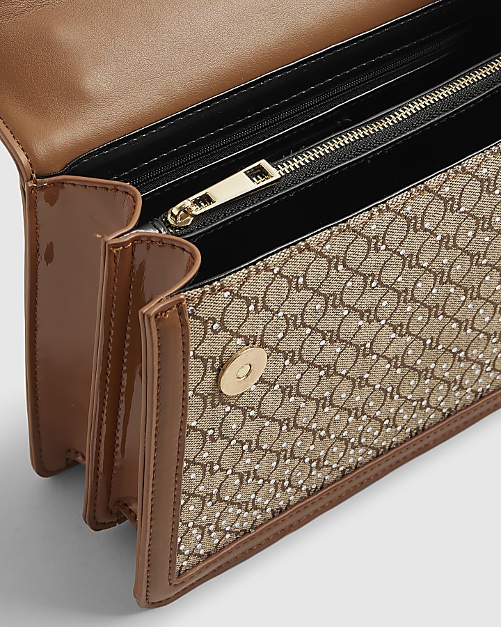Beige Diamante Panelled Shoulder Bag