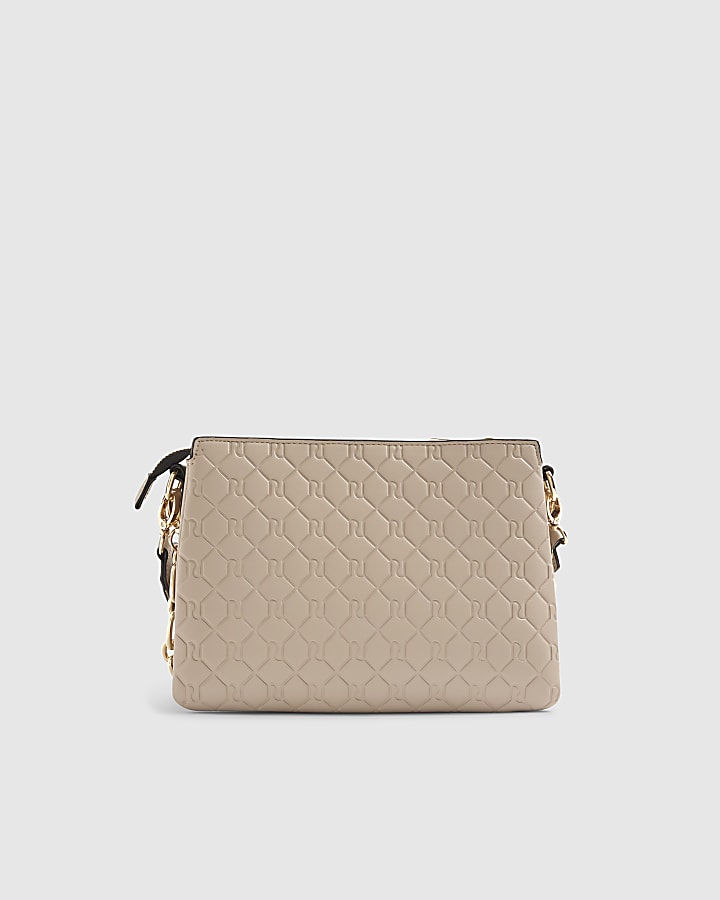 Beige Embossed Monogram Chain Cross Body Bag