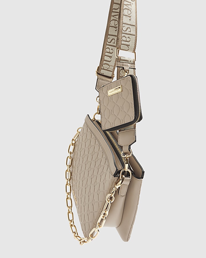 Beige Embossed Monogram Chain Cross Body Bag