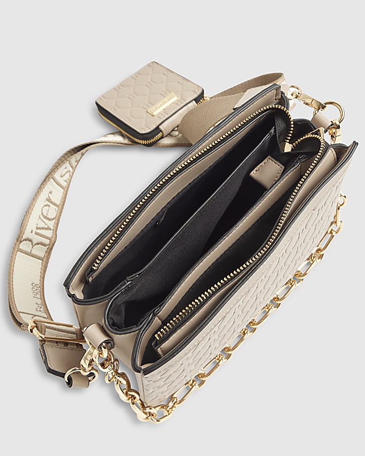 Beige Embossed Monogram Chain Cross Body Bag