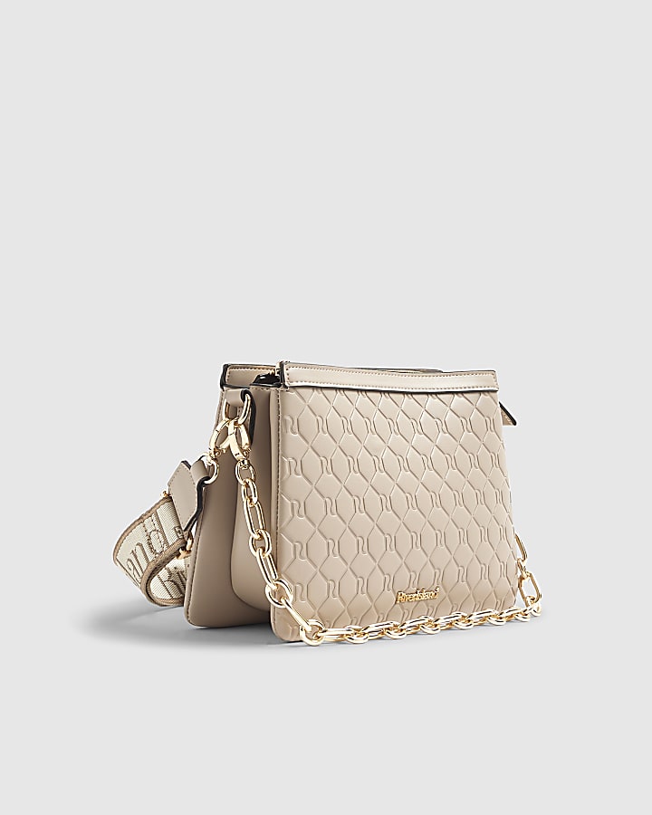 Beige Embossed Monogram Chain Cross Body Bag