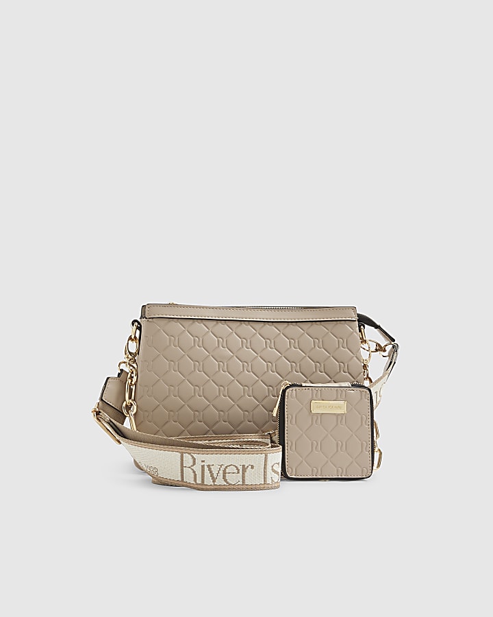 Beige Embossed Monogram Chain Cross Body Bag