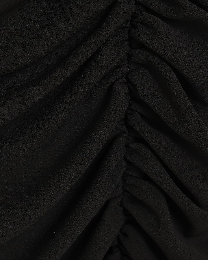Black Scuba Short Sleeve Ruched Midi Dress
