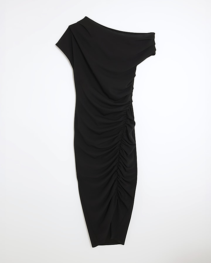 Black Scuba Short Sleeve Ruched Midi Dress