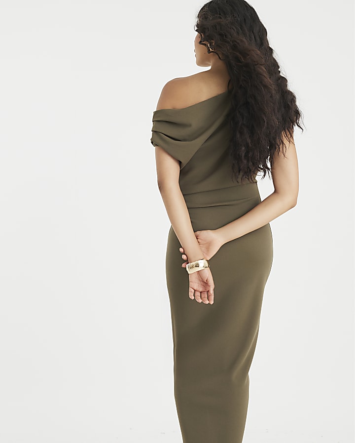 Khaki Scuba Short Sleeve Ruched Midi Dress