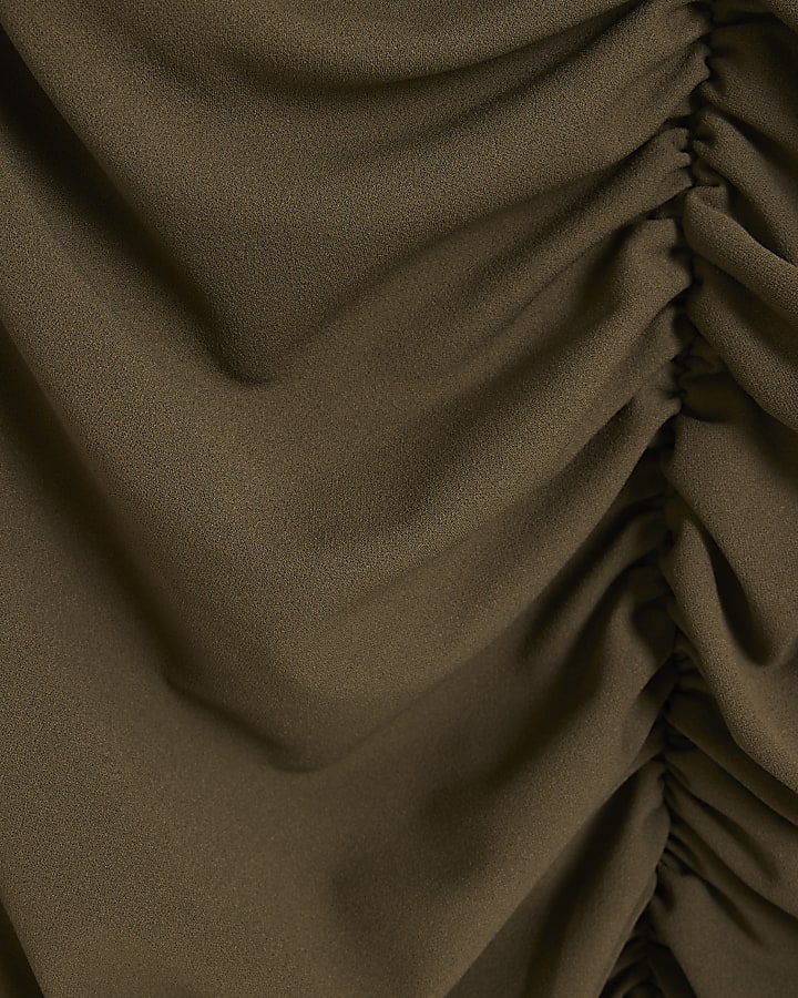 Khaki Scuba Short Sleeve Ruched Midi Dress