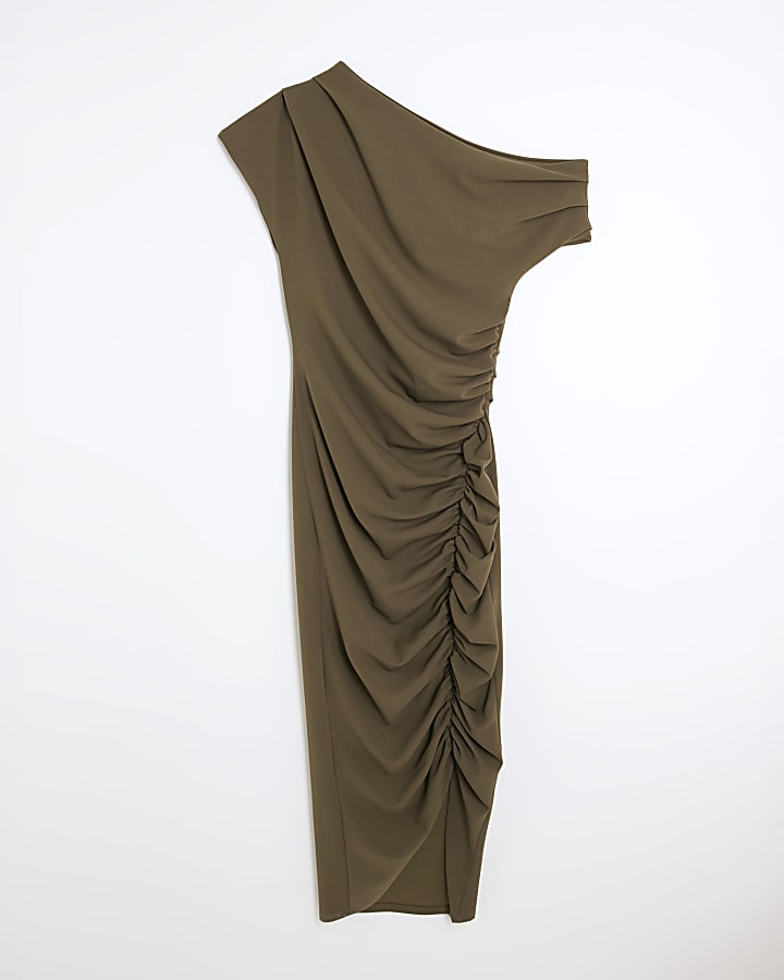 Khaki Scuba Short Sleeve Ruched Midi Dress